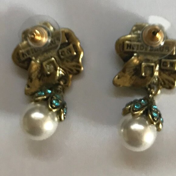 Heidi Daus Flower Pearl Blue Crystal Dangle Earrings - Picture 2 of 2